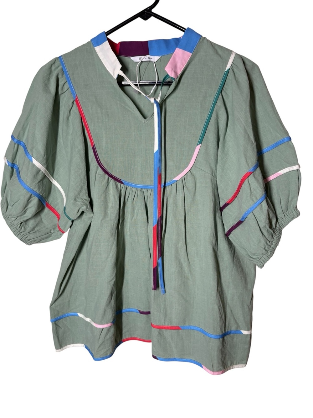 {NWOT} CICY BELL Boho Peasant Blouse in Sage with Multicolor Trim Small